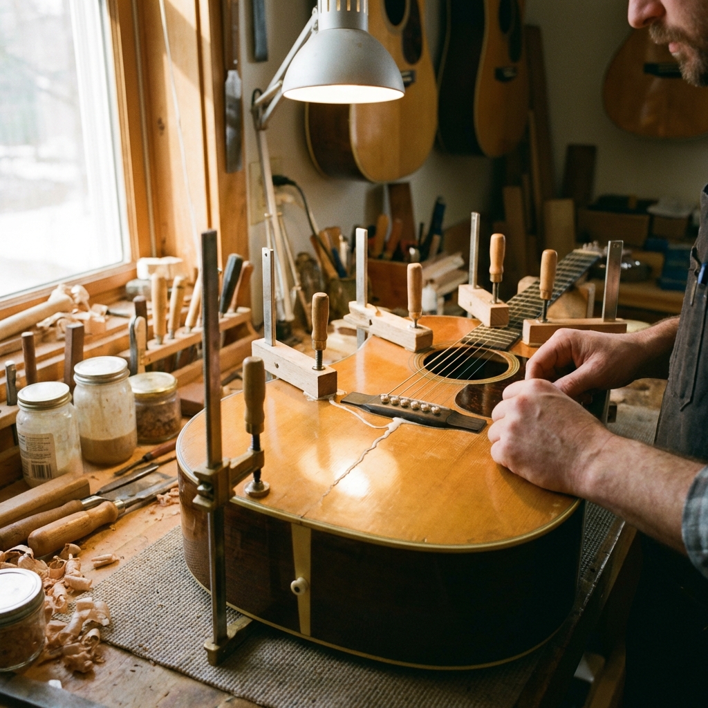Soundboard crack repair on Martin D-28